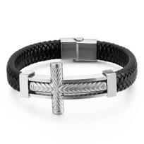 Stainless Steel Ethiopian Cross Charm Bracelet Men 21cm Vintage Cowhide Leather Armband Male Bangle Jewellry 21cm