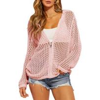 Women's V Neck Zip Up Hollow Knit Long Sleeve Loose Solid Color Crochet Mesh Cover Up Cardigan Jacket S