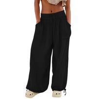 Women's High Waist Wide Leg Pants Loose Fit Solid Color Drawstring Baggy Trousers With Side Pockets For Summer Commute Casual Daily Outfits S