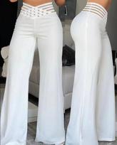Women's High Waist Flare Pants Slim Fit Cross Hollow Mesh Waist Solid Color Spring Medium Stretch European Streetwear Commuter Wide Leg Trousers S