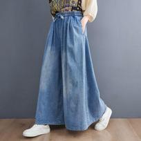Women's High Waist Wide Leg Jeans Loose Fit Vintage Straight Leg Jeans Lightweight Sand Washed Denim Long Pants Summer Retro Drawstring Casual Bottoms M