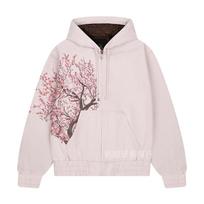 Women's Hooded Long Sleeve Zip Up Jacket Oversized Streetwear Cherry Blossom Print Cotton Blend Hoodie Coat S
