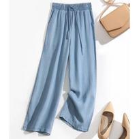 Women's Drawstring Elastic Waist Wide Leg Jeans Loose Fit Tencel Denim Palazzo Pants Elegant Commuter Summer Thin Casual Trousers S