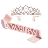 Bling Rhinestone Crystal Crown Tiara Birthday Anniversary Decoration Happy 18 21 30 40 50th Birthday Satin Sash Party Supplies