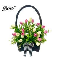 Faux Flower Wreath Spring Summer Tulip Basket for Front Door Artificial Floral Hanging with Woven Farmhouse Home Wall 1pc