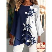 Artistic curly grass pattern comfortable cross hem asymmetrical women's round neck three-quarter sleeve T-shirt S