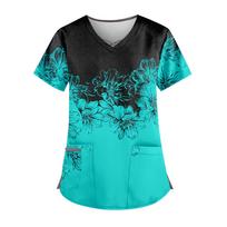 Plus Size Flower Printed Scrub Working Uniform Tops For Women Cross V-Neck Short Sleeve Fun T-Shirts Tee With Pockets XXXL