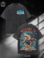 Unisex 230g Heavyweight Washed T-Shirt - Retro Surf & Shark Graphic,  Welcome Su Unisex T-Shirt S