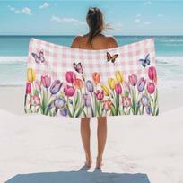 Beach Towel Tulip Butterfly Bath Pool Towels Pink Buffalo Plaid Absorbent Beach Towel Soft Large Quick Dry Lightweight Camping W40*H60(CM)