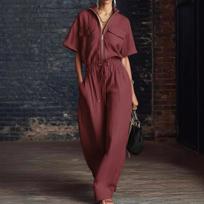 Women's Stand Collar Half Sleeve Front Zip Pocket Drawstring Waist Wide Leg Solid Jumpsuit Casual Daily Outfit S
