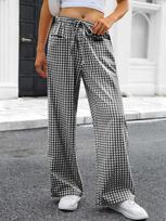 Women's High Rise Wide Leg Pants Loose Fit Trousers Plaid Drawstring Woven Spring Casual Long Pants For Daily Street Outfit S