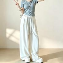 Women's High Waist Wide Leg Pants Loose Fit Straight Trousers Spring Fresh Sweet Solid Color Drawstring Casual Flowy Bottoms S