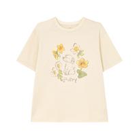 Women's V Neck Short Sleeve Drop Shoulder Oversized Floral Puppy Print Washed Cotton Casual Tee Basic Top XS