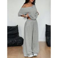 Women's Drop Shoulder Short Sleeve T-Shirts Loose Fit Wide Leg Pants Sets Casual Two Piece Outfits S