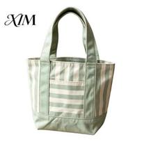 Canvas Tote Bag Striped Bag, Stylish Reusable Grocery with Multi-purpose Front Pocket, Shoulder for Shopping Picnic Commuting Reinforced