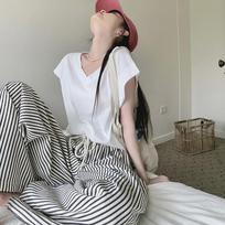 Women's Drawstring High Waist Wide Leg Pants Straight Leg Striped Trousers Loose Lazy Summer Thin Polyester Casual Bottoms S