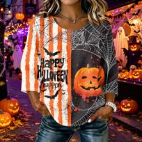 Women's Happy Halloween Print Blouse - Round Neck Three-Quarter Sleeve Cotton Linen Casual Top for Holiday Costume and Everyday Wear XXL