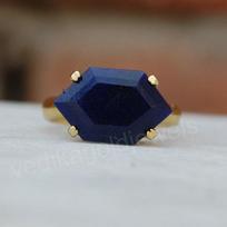 Hexagon Raw Blue Sapphire Gemstone 925 Sterling Silver Yellow Gold Plated Ring Jewelry 5