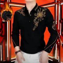 Men's Long Sleeve Polo Shirt Gold Print Fleece Lined Warm Casual Button Collar Fashion Top M