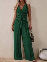 Women's Sleeveless V-neck Waist-Cinching Wide-leg Jumpsuit XL žalia