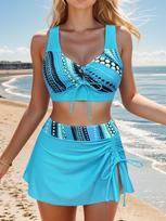 Women's 3pcs Swimsuit Set, Fashionable Bikini with Skirt, Beachwear, Adjustable Tie Top and Side Drawstring Skirt S