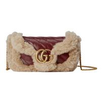 Gucci GG Marmont Shearling Mini Chain Bag, Burgundy Quilted Leather Beige Trim, Women's Crossbody Handbag for Daily 476433-0AAAX-6154 Basic Set (Bag+Dust Bag)
