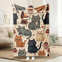 Short-haired cat pattern, beige, heart-shaped and paw-print pattern - machine washable fiber blanket suitable for beds and sofas 75x90cm
