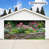 2D Festival Garden Backdrop, 2D Rustic Yard with Rose Flower Bed & Stone Wall Background for Photo Booth & Events 47.2x31.5inch/120*80cm
