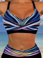 Stripe Print Double Strap Cross Chest Two Piece Bikini Fashion For Summer Beach Holiday S