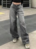 Women's Mid Rise Wide Leg Washed Jeans Loose Fit Elegant Vintage Denim Trousers S pilka spalva