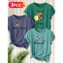 Three-piece set Elegant short-sleeved dress for women “Bee Happy”Bee+“Don't worry Be happy”Bee+“Friendly”Bee heart print round neck T S