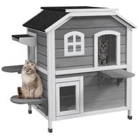 2-story Cat House Outdoor, Weatherproof Wooden Cat Enclosure with Escape Door, Openable Roof, Jumping Platforms, Grey 99.5 x 76 x 91 cm