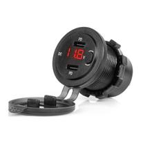 Car charger with USB sockets and voltage tester, waterproof, with switch, 2x USB-C 12V 24V AMIO-04226