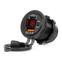 Car charger with USB sockets and voltage tester, waterproof, with USB switch + USB C QC3.0 12/24V AMIO-04222