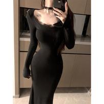 Pure lace splicing long-sleeved dress women's autumn slim-fitting inner skirt gray waist fishtail hip-wrapped long dress S