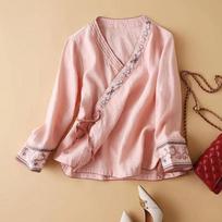 Spring Summer Ethnic Style Cross V Neck Embroidered Shirt Women Long Sleeve Lace-up Blouse Embroidery Casual Sweet Tops Vintage Casual Simple Clothing M