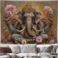 2D Spiritual Ganesha Elephant God Tapestry Hindu Deity Wall Decor Cloth for Home & Bedroom 47.2x31.5inch/120*80cm