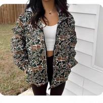 Women's Hooded Long Sleeve Zip Up Jacket Loose Fit Casual Camo Print Windproof Hoodie Outerwear S