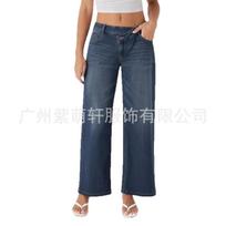 Women's Low Rise Straight Leg Jeans Retro Vintage Asymmetric Button Zipper Denim Pants XS