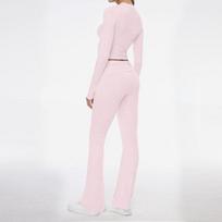 Women's Casual Two-piece Set Long Sleeve Crew Neck Crop Top High Waist Flare Pants Knit Solid Color Loungewear Matching Outfit Set XS