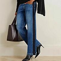 Women Mid Rise Straight Leg Jeans Contrast Side Stripe Patchwork Medium Stretch Full Length Denim Trousers European Spring Casual Pants S-XXL S