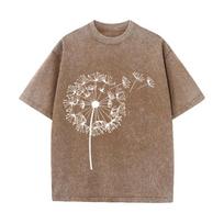 Dandelion Print Vintage Washed Brown T Shirt Casual Minimalist Streetwear Tee S