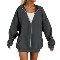 Women's Hooded Long Sleeve Zip Up Hoodie Oversized Loose Fit Streetwear Casual Pocket Sweatshirt Jacket XS