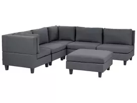 Penkių vietų modulinė sofa UNSTAD dešininė, tamsiai pilka su pufu