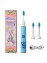 iLike Kids Rechargeable Sonic Electric Toothbrush, USB Charging, 3 Brush Heads (1+2 Replacement Heads), Soft Bristles, Waterproof, Blue Elephant Design Blue