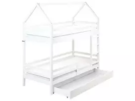 Dviaukštė lovelė su stalčiais namelio formos GIRGOLS 90 x 200 cm, pušies mediena, balta