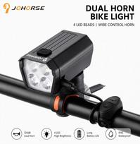 Dviračio priedas iLike  JOHORSE USB Rechargeable Bike Headlight with 120dB Electric Horn, 300LM 4 LED Bicycle Front Light, 7 Lighting Modes, Handlebar Remote Switch, IPX4 Waterproof Black
