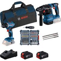 Bosch Powertools 18V professional set hammer drill GBH 18V-22 + drill driver GSR 18V-45 (blue/black, 2x Li-ion battery 4.0Ah, hammer drill and bit set, tool bag)
