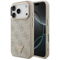 Dėklas Guess PU Leather 4G Strass Triangle Logo Gold Frame MagSafe Apple iPhone 17 Pro rožinis