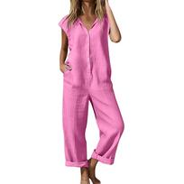 Women Short Sleeve Button Down Jumpsuit Loose Fit V Neck Romper Casual Wide Leg Pantsuit with Pockets M rožinė